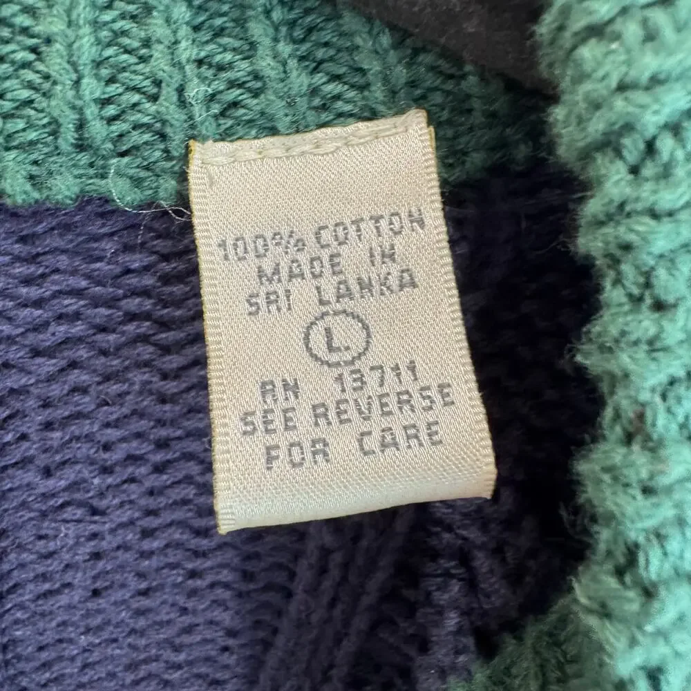 Vintage John Ashford 90s Colorblock Cable Knit Sweater Green Navy Cotton L